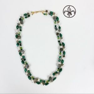 Knotted 2 Strand Gemstone beaded Necklace Malachite Labradorite Pearl